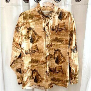 Vtg Bit Briddle Mens Shirt Large Horse‎ Button Up Western Farm Scene Rodeo 17859